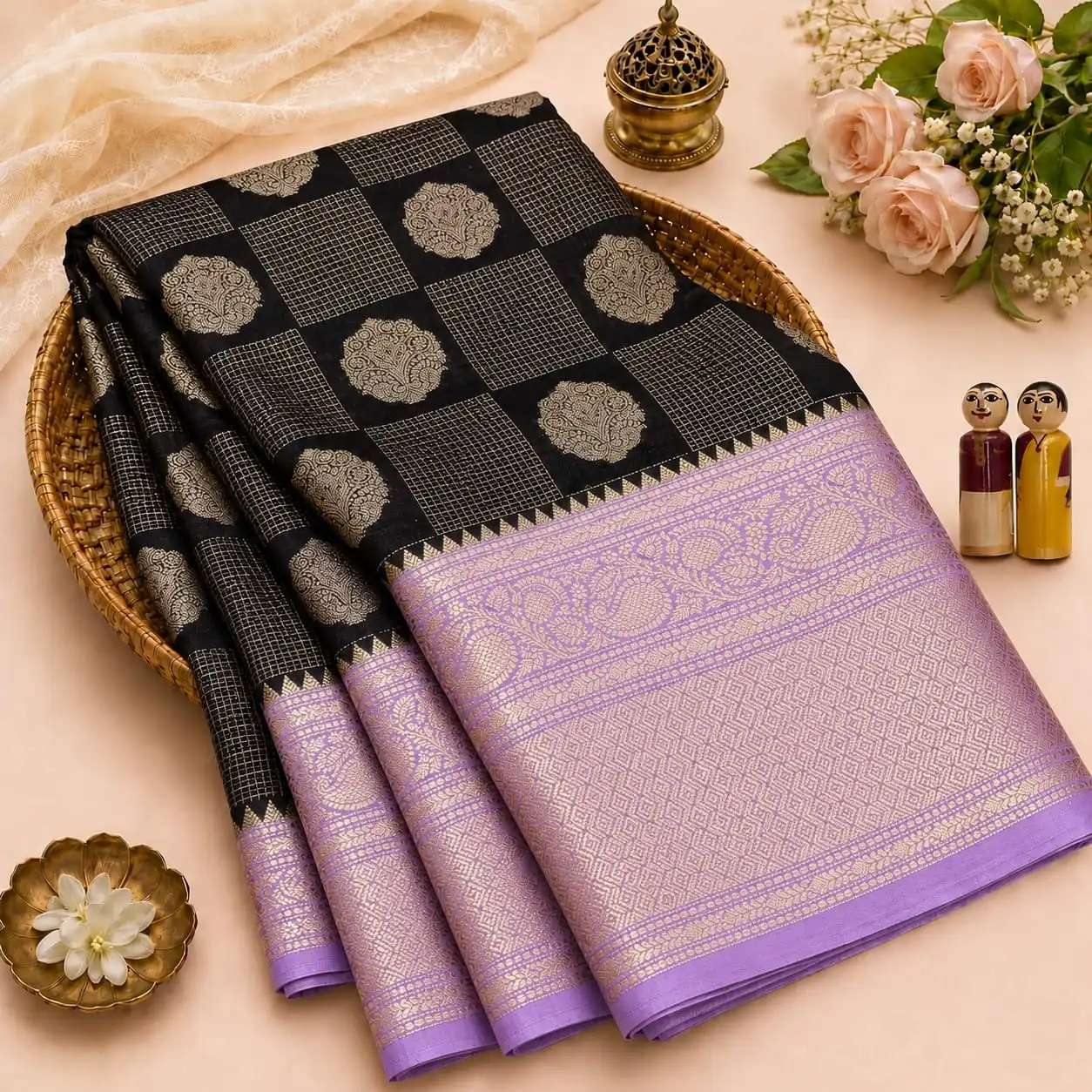 Traditional Round Motif & Grid Check Semi Silk Saree